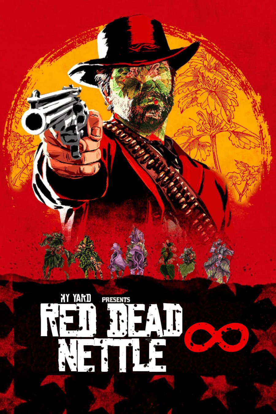 The cover of the game Red Dead Redemption 2, except it's been heavily edited. Now it says "MY YARD PRESENTS: RED DEAD NETTLE ∞". The big cowboy's face has some Lamium purpureum plants superimposed onto it, all the little cowboy silhouettes have been replaced with it, and also the trees in the background. It looks like they shoddily tried to match the aesthetics/color/etc of the original.