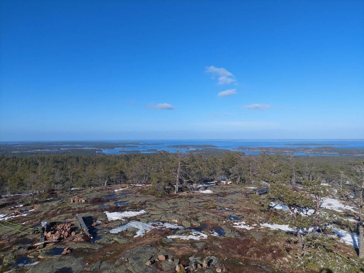 Photo from a hill showing a few of the bays and islands of the Åland archipelago.
