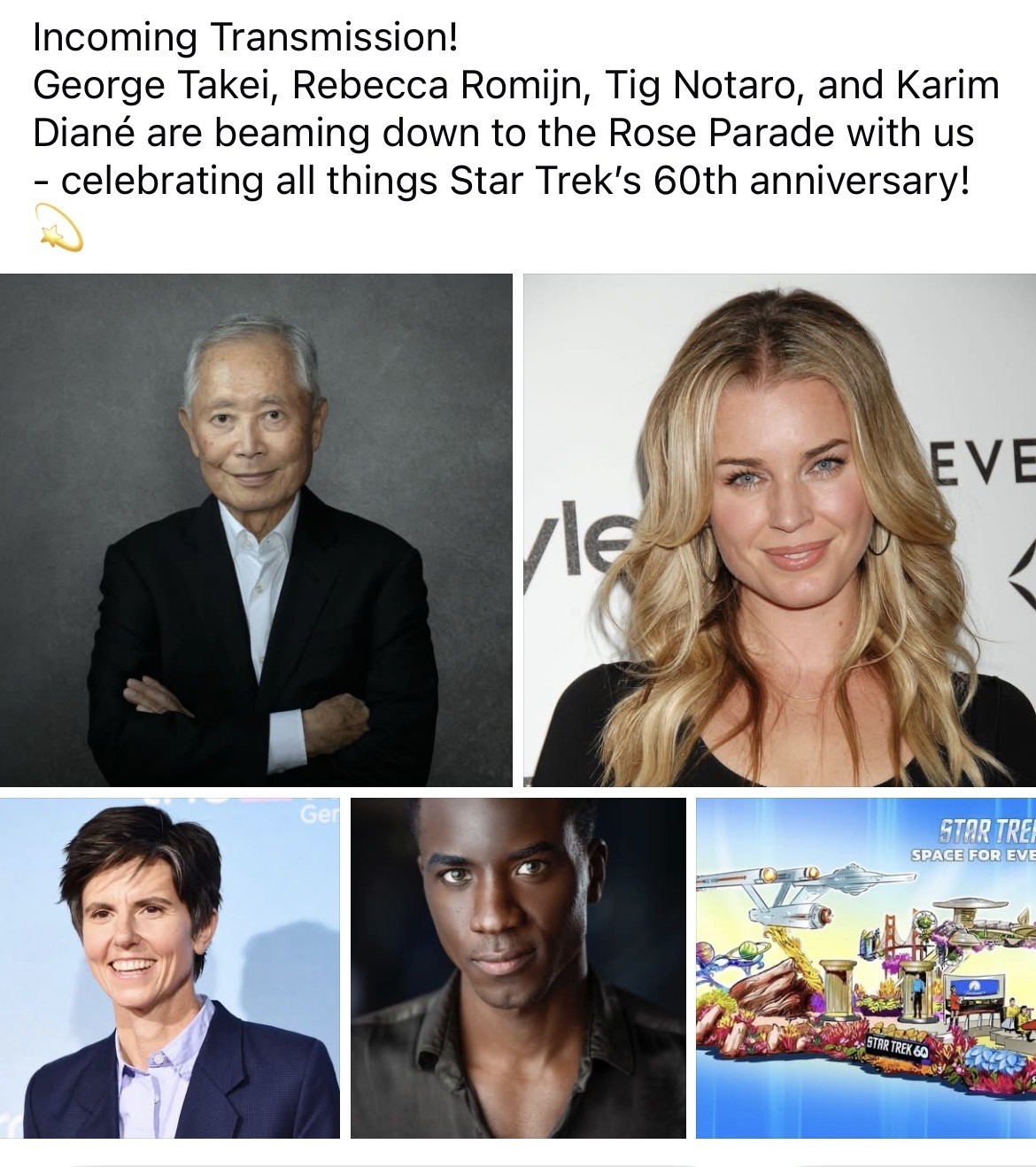 George Takei (TOS), Rebecca Romijn (SNW), Tig Notaro (DIS, SA) and Karim Diané (SA) will be on the Rose Parade Float