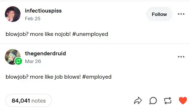 A tumblr post by infectiouspiss  on february the 25th saying "blowjob? more like nojob! #unemployed".    It has a reblog by thegenderdruid on march the 26th saying "blowjob? more like job blows! #employed".    The post has 84,041 notes.