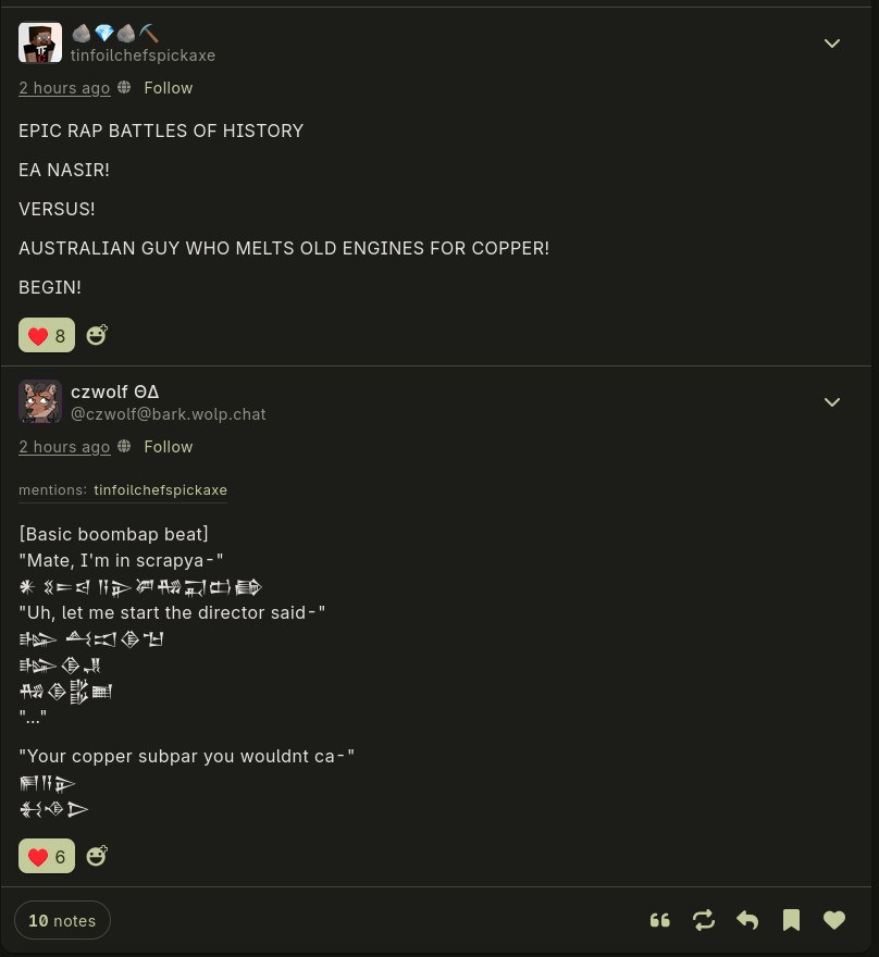 EPIC RAP BATTLES OF HISTORY EA NASIR! VERSUS! AUSTRALIAN GUY WHO MELTS OLD ENGINES FOR COPPER! BEGIN! [Basic boombap beat] "Mate, I'm in scrapya-" some mezopotamiam glyphs "Uh, let me start the director said-" more sick beats in mezopotamiam "Your copper subpar you wouldnt ca-" mic drop in mezopotamiam